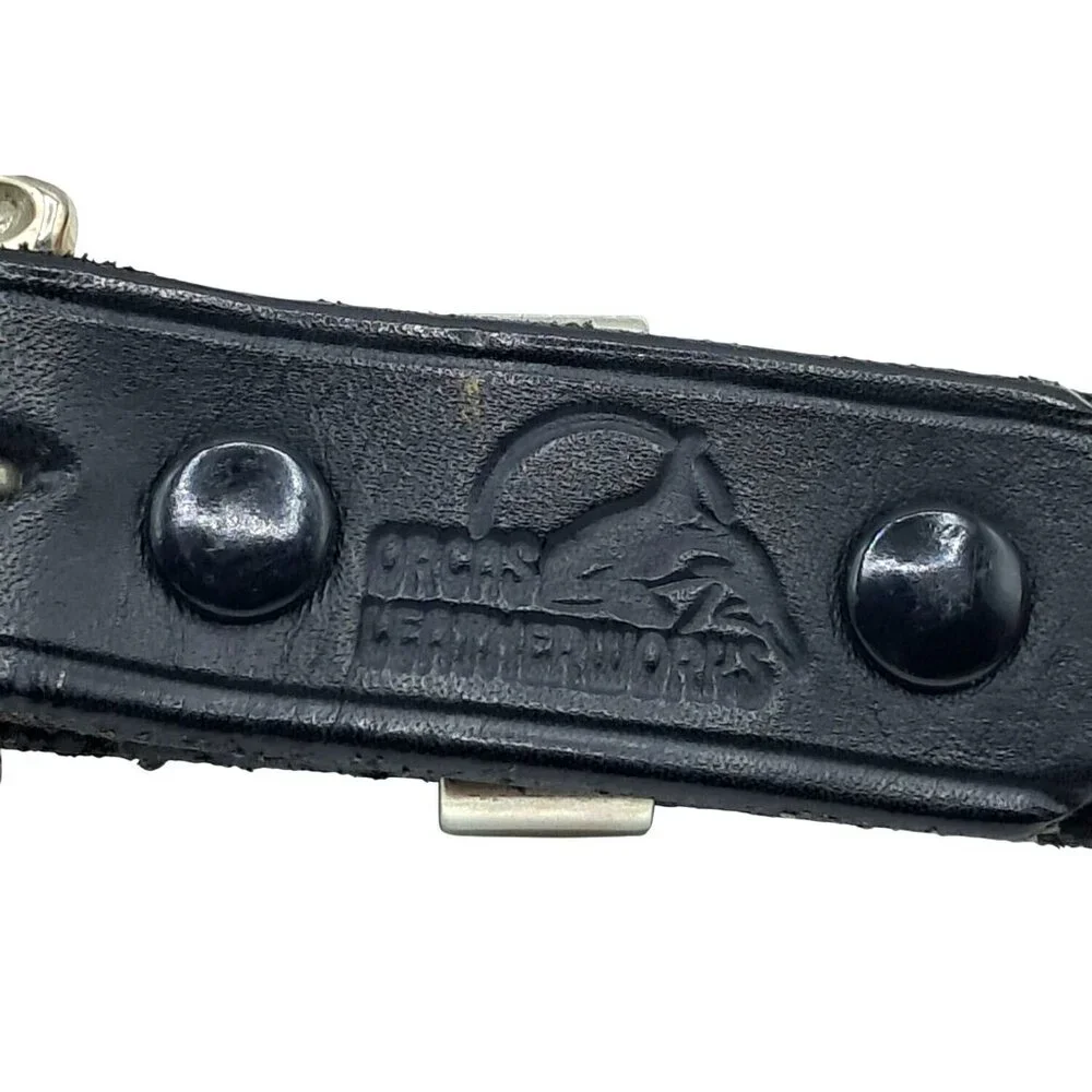 Vintage Orcas Leatherworks Black‎ Leather Belt Size 48 Embossed Orca Snap